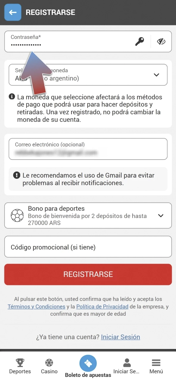 Crea una contraseña para tu cuenta MegaPari.