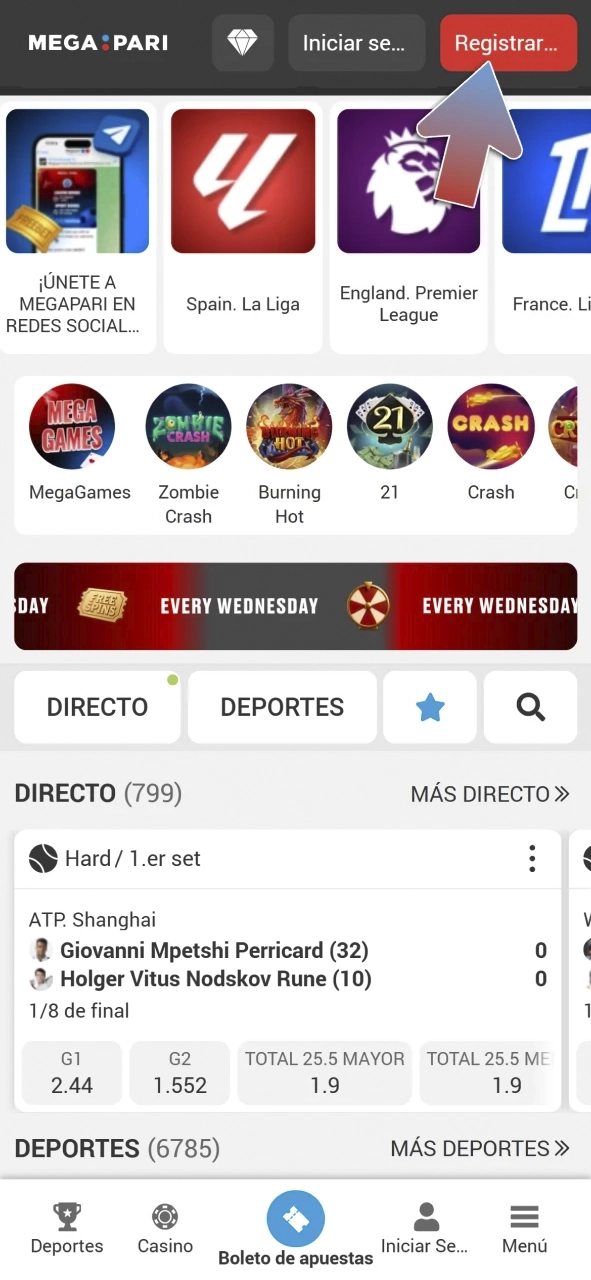 Busca el botón de registro en MegaPari y haz clic en él.