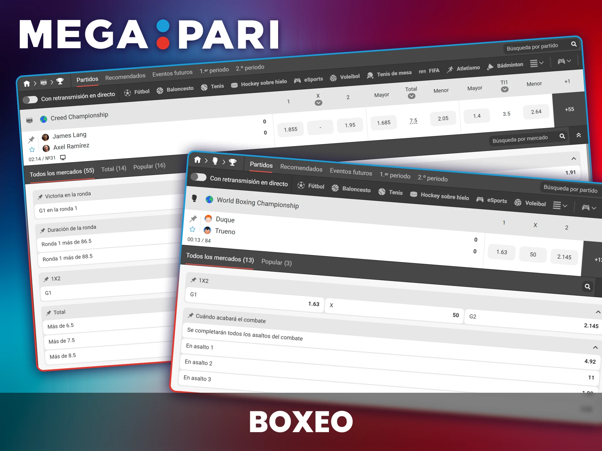 Mercados para peleas de campeonato mundial y eventos estelares.