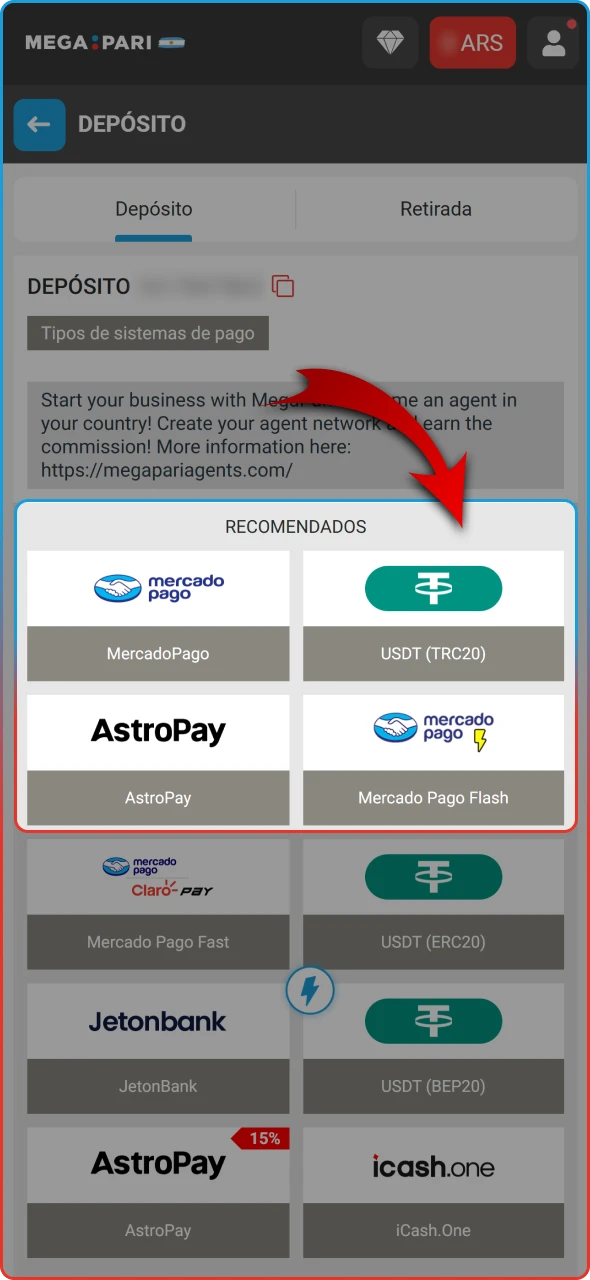 Menú de depósitos con opciones locales como Mercado Pago y transferencia.