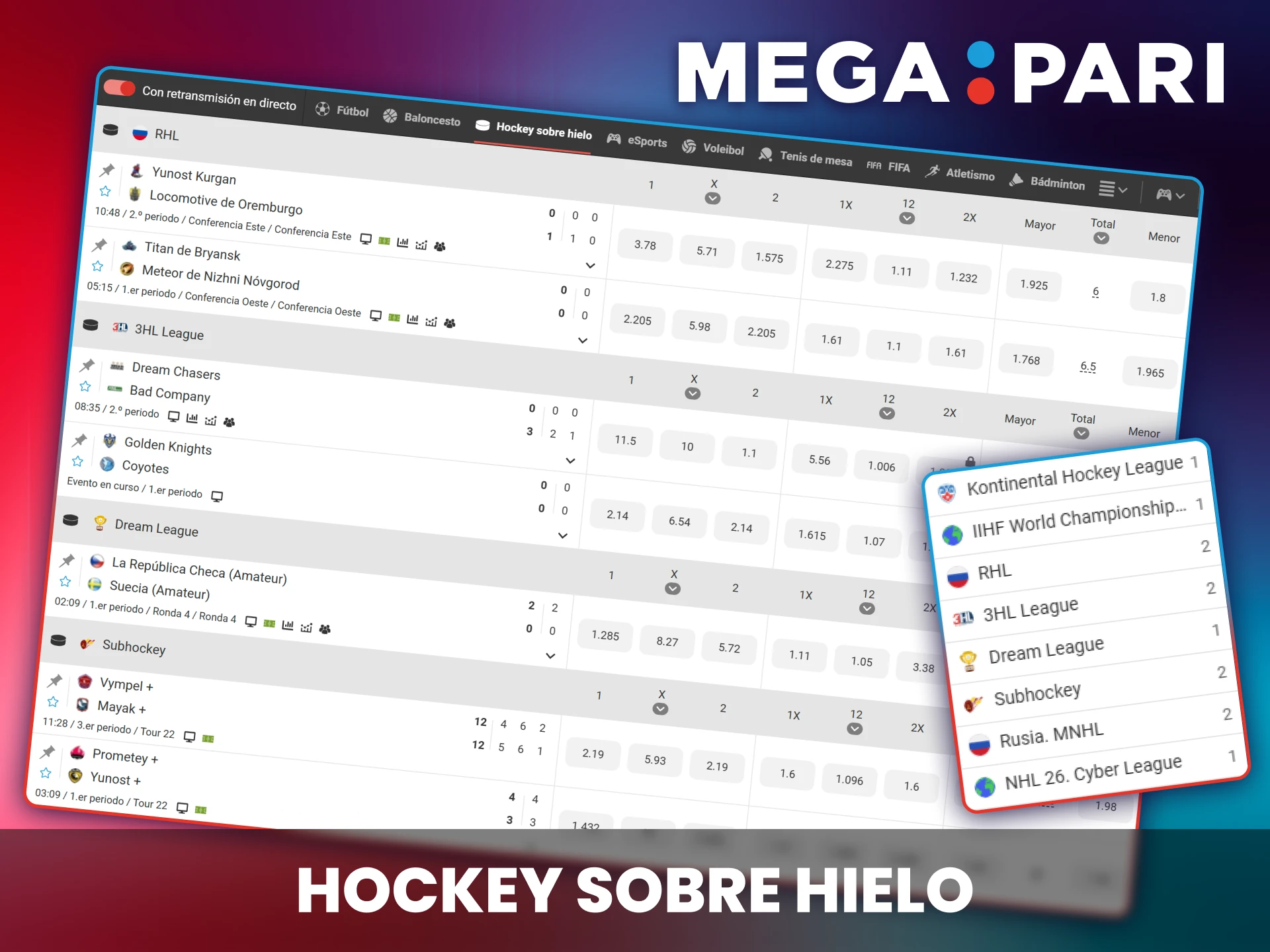 Apuestas para partidos de la NHL y ligas europeas de hockey.