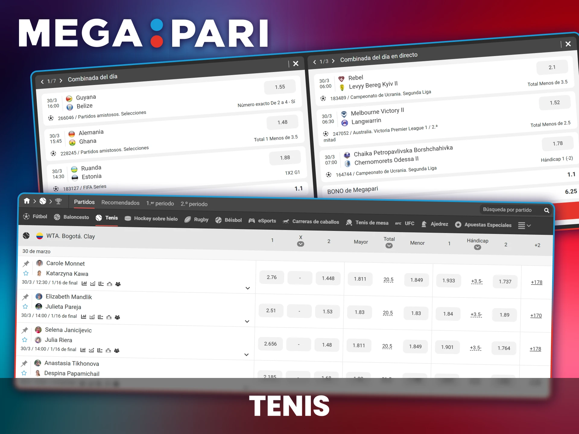 Mercados para torneos de la ATP, WTA y Grand Slams en Megapari.
