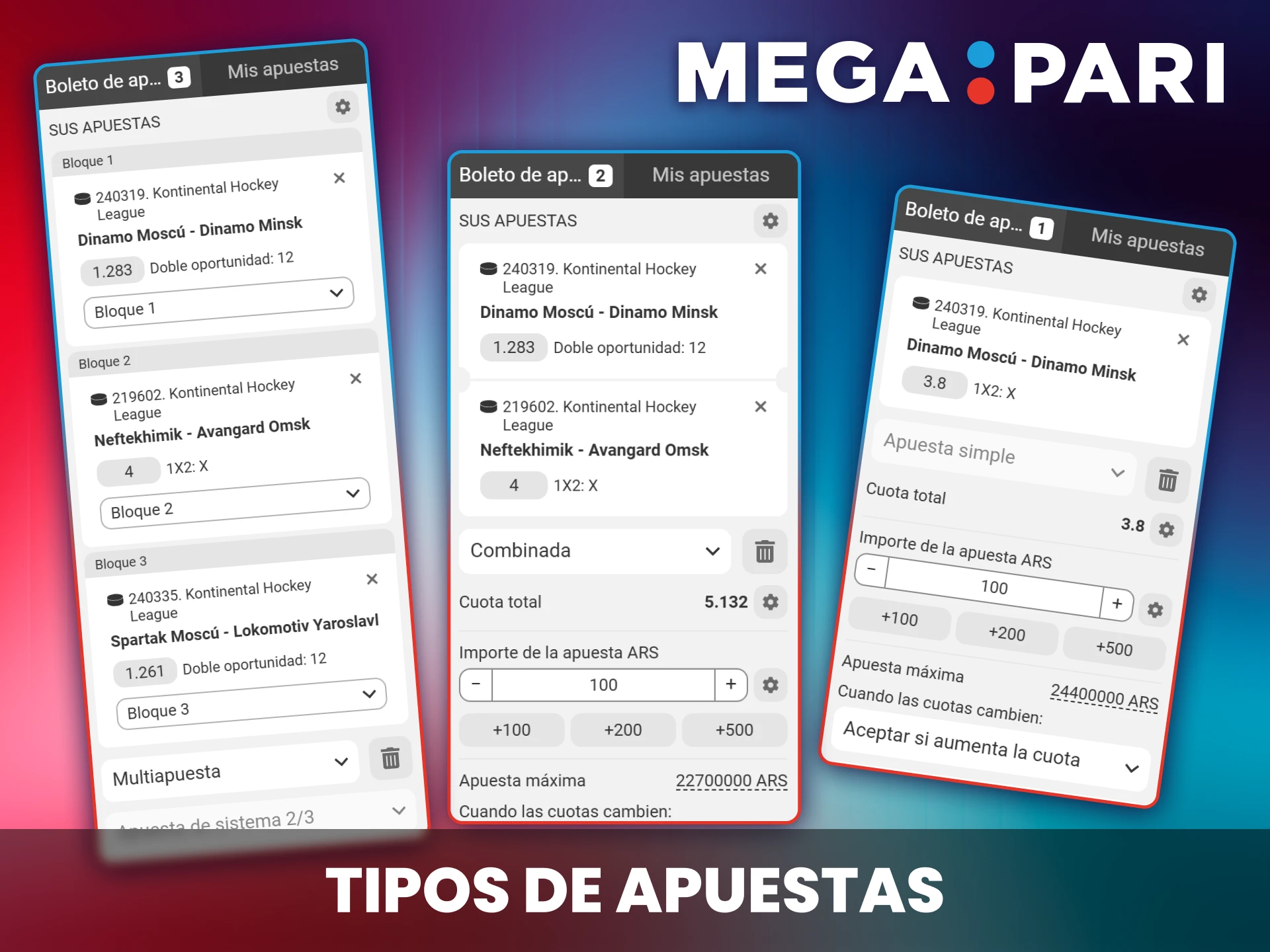 Variedad de opciones de apuesta simple, combinada y de sistema en Megapari.