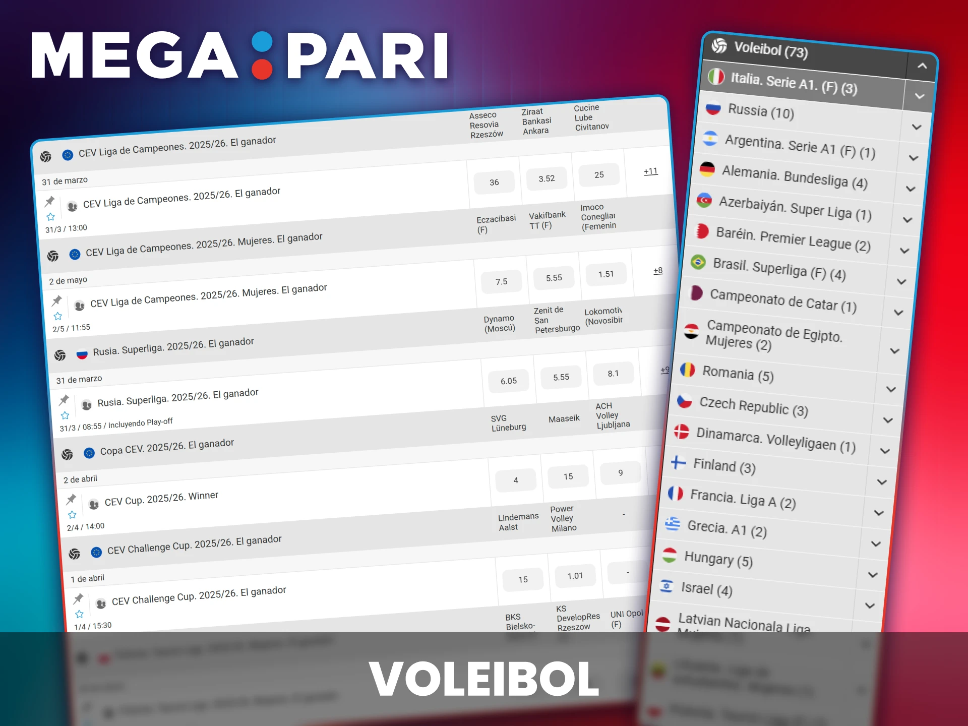 Cuotas para ligas internacionales y torneos de selecciones de vóley.